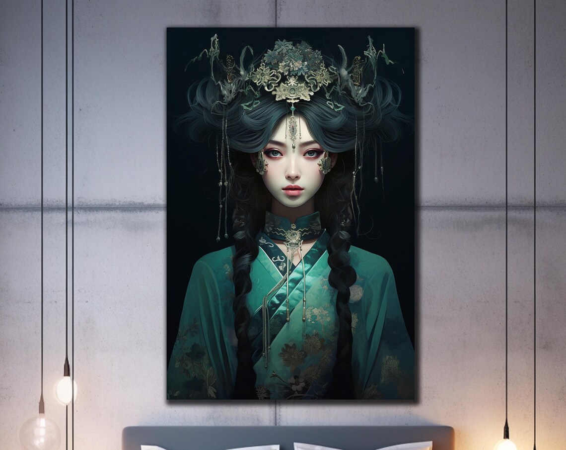 Jade Kimono Beauty Ornate Headdress Dark Regal Portrait Art Poster