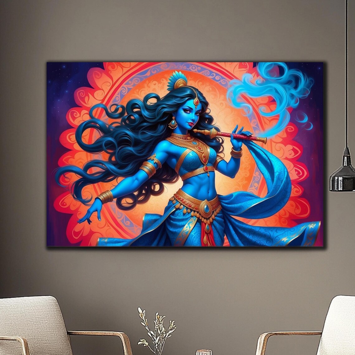 Krishna Blue Flute Player Fiery Orange Mandala Divine Art Poster