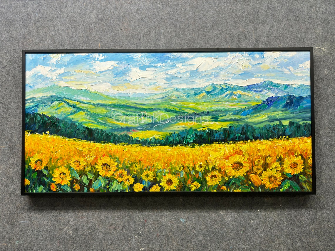 Sunflower Field Mountain Valley Blue Sky Summer Landscape Art Poster - Image 3