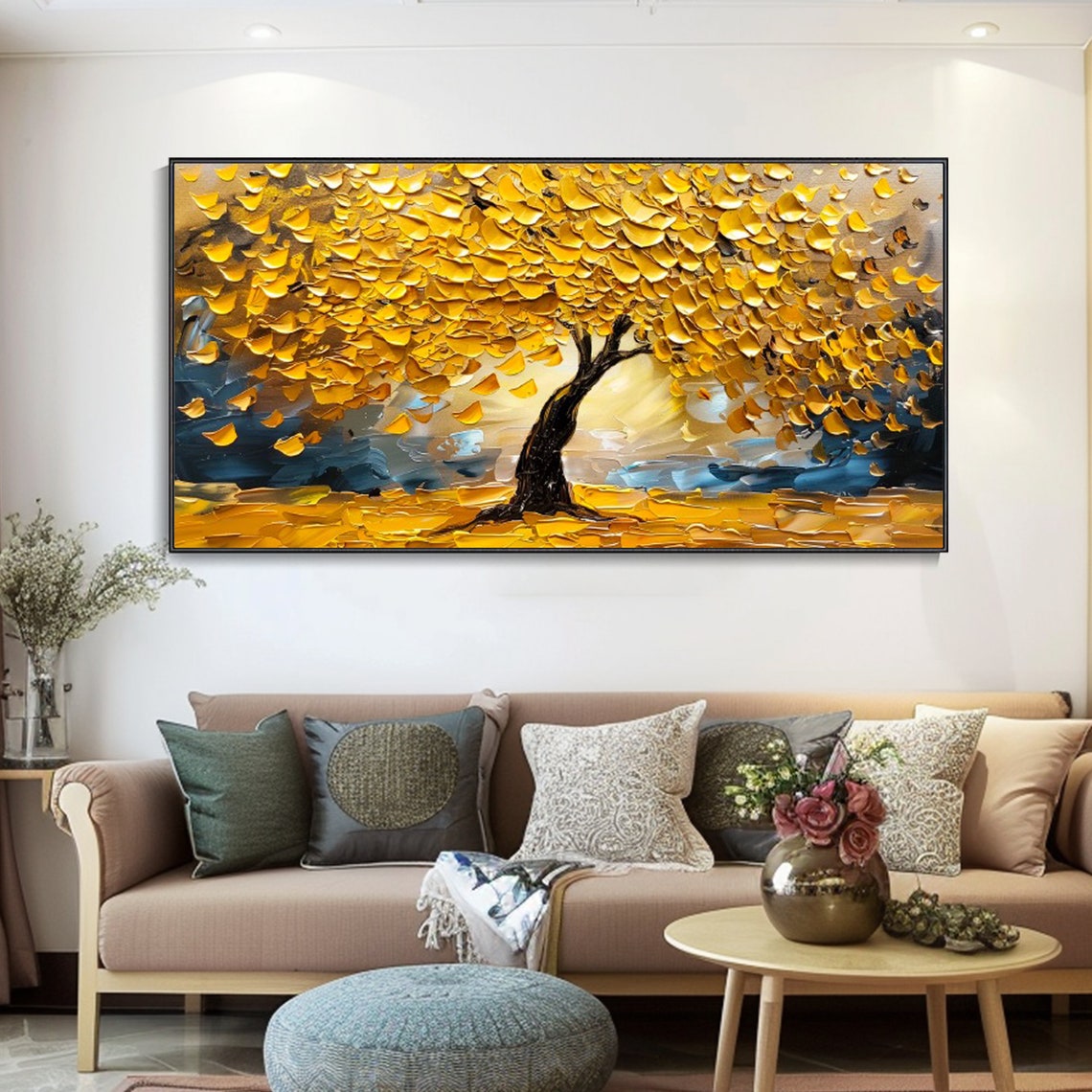 Golden Tree With Yellow Leaves Textured Autumn Oil Art Poster - Image 3