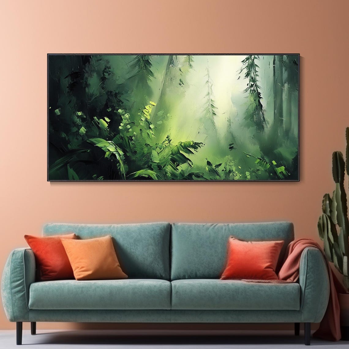Misty Green Forest With Sunlit Ferns Nature Landscape Art Poster - Image 2