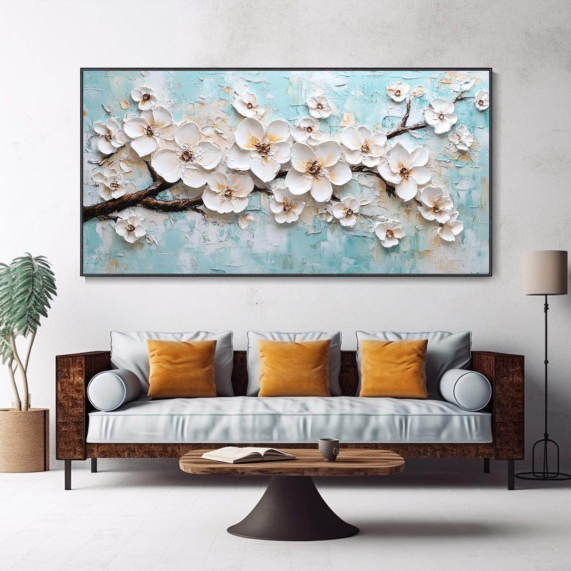 White Cherry Blossoms Branch Textured Spring Floral Art Poster - Image 3