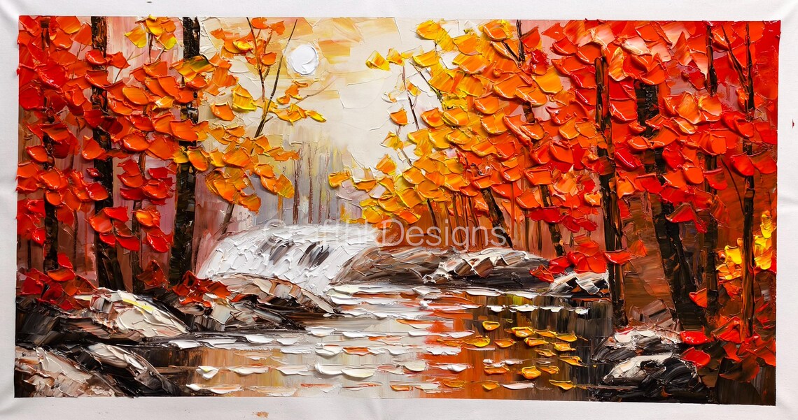 Modern Autumn Forest River Landscape Art Print - Image 5