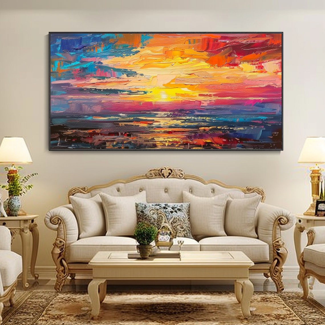 Fiery Sunset Over Ocean Waves Bold Colorful Impasto Seascape Wall Art - Image 2