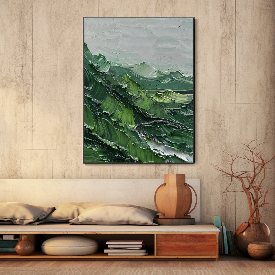 Emerald Green Mountain Ridges Misty Textured Landscape Art Poster - Image 5