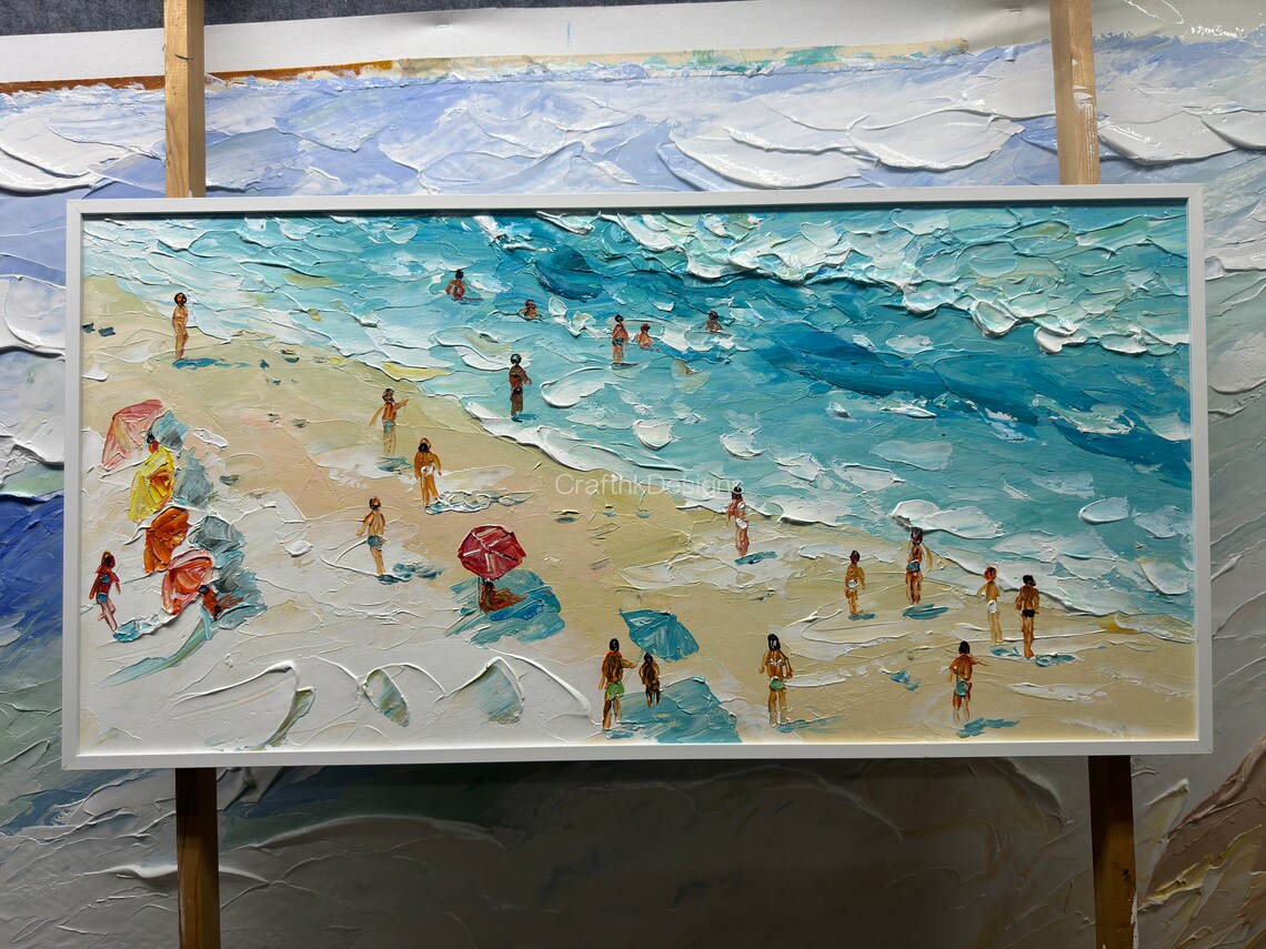 Sunny Beach Carnival Oil Painting Art Print, Seascape - Image 4