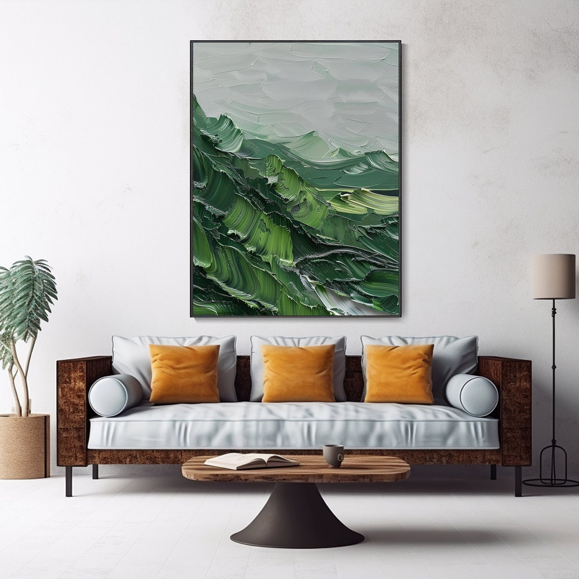 Emerald Green Mountain Ridges Misty Textured Landscape Art Poster - Image 4