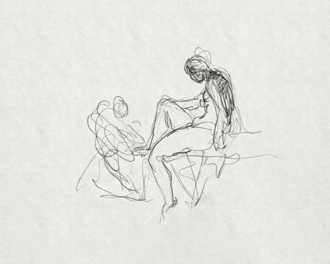 Two Seated Figures Gestural Line Sketch Abstract Minimalist Drawing Poster - Image 3