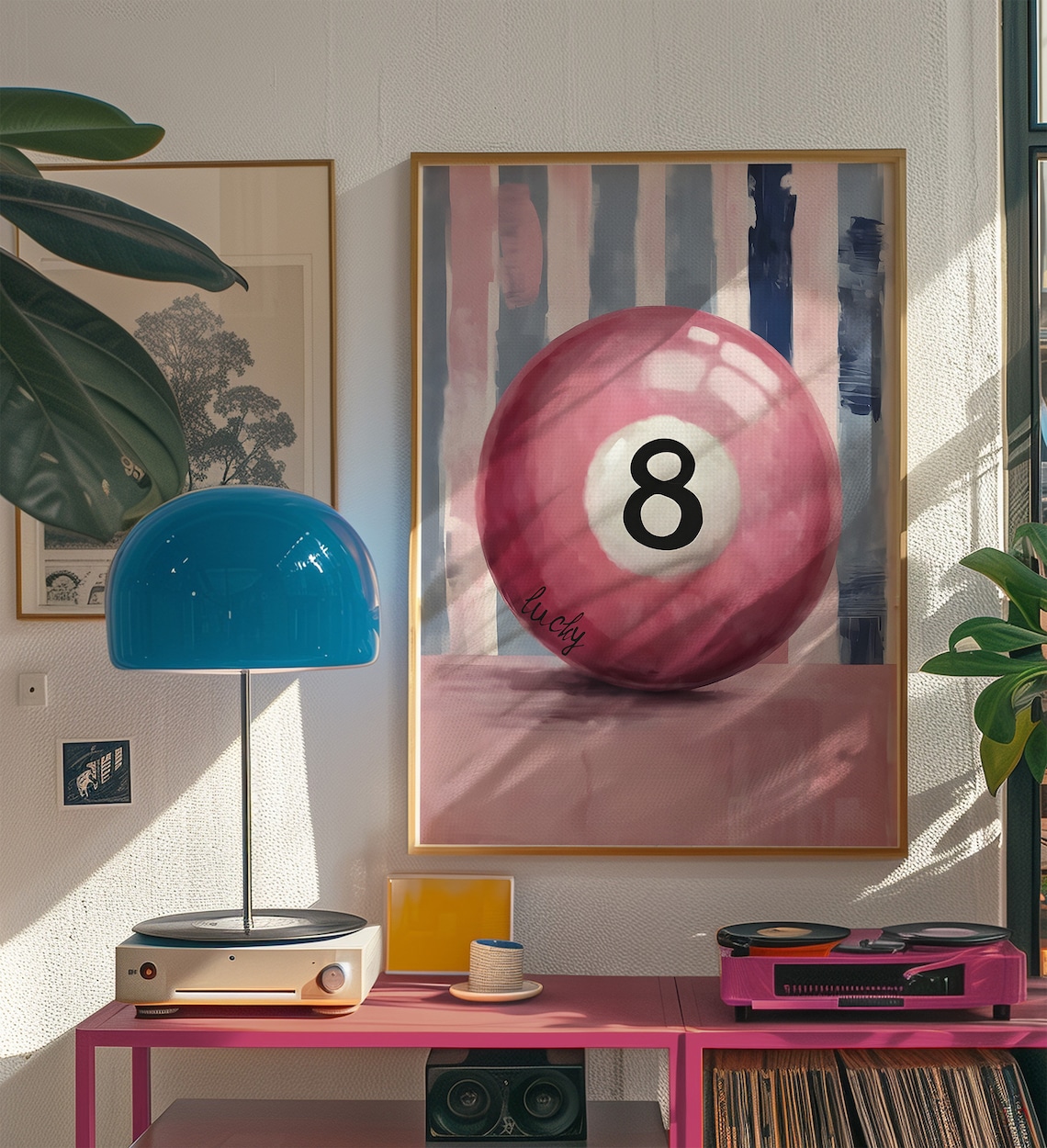 Pink Lucky 8 Ball Retro Pool Hall Print With Striped Backdrop - Image 3