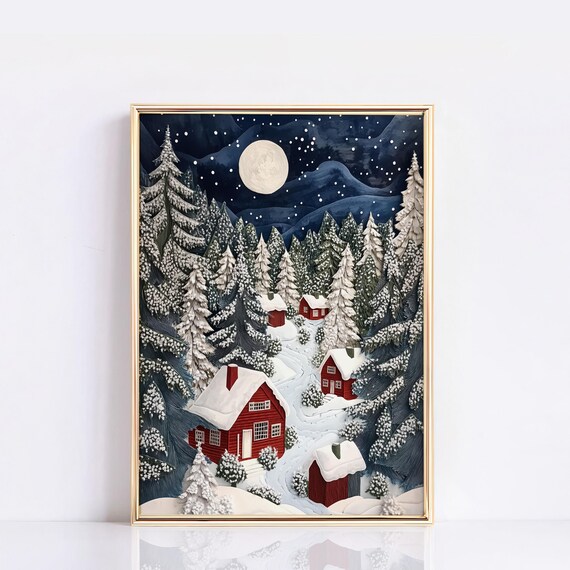 Snowy Night Village Red Cabins Full Moon Christmas Art Poster