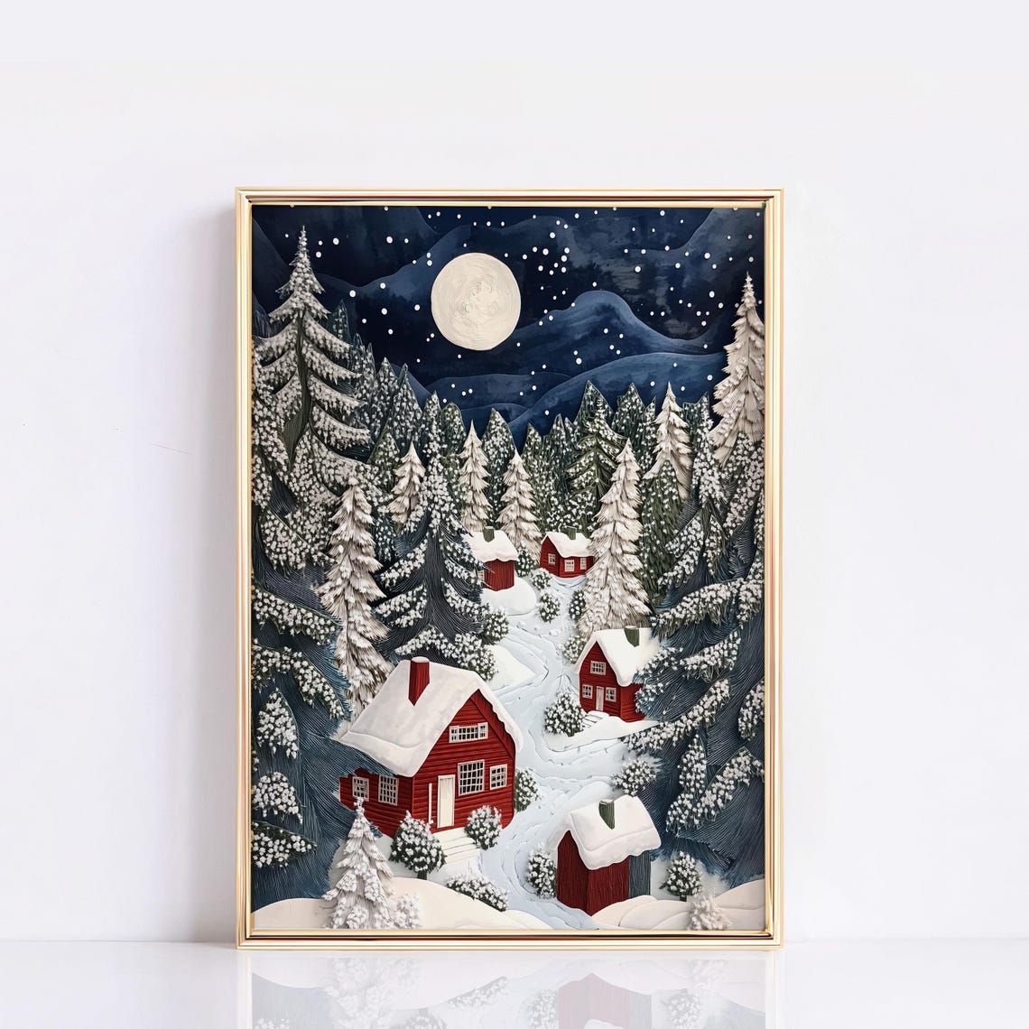 Snowy Night Village Red Cabins Full Moon Christmas Art Poster
