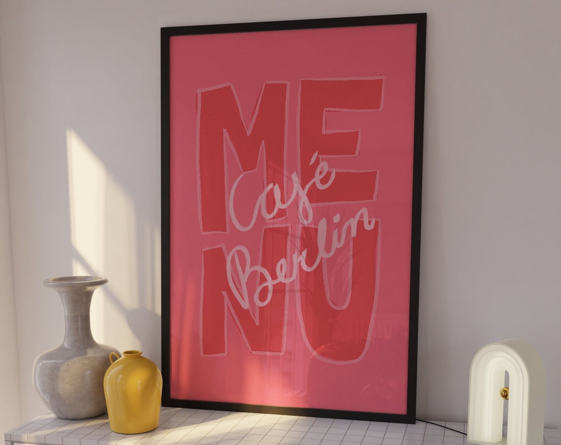 Menu Cafe Berlin Bold Red Lettering Hot Pink Kitchen Decor Poster