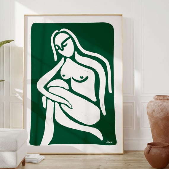 Abstract Woman No4 Dark Green Modern Art Minimalist Mid Century Matisse Inspired Wall Trendy Home Decor
