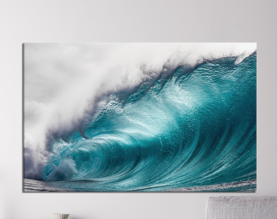 Turquoise Ocean Barrel Wave Crashing With White Foam Photography Wall Art