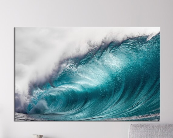 Turquoise Ocean Barrel Wave Crashing With White Foam Photography Wall Art