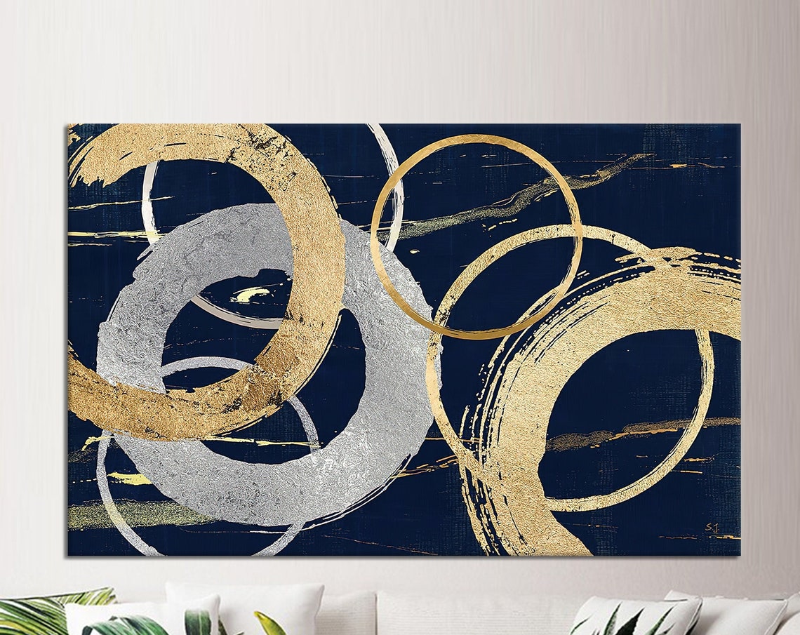 Gold and Silver Rings Abstract Brushstrokes Navy Wall Poster