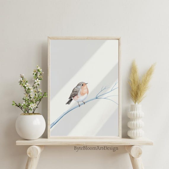 Watercolor Robin Bird Print Minimalist Nature Wall Art
