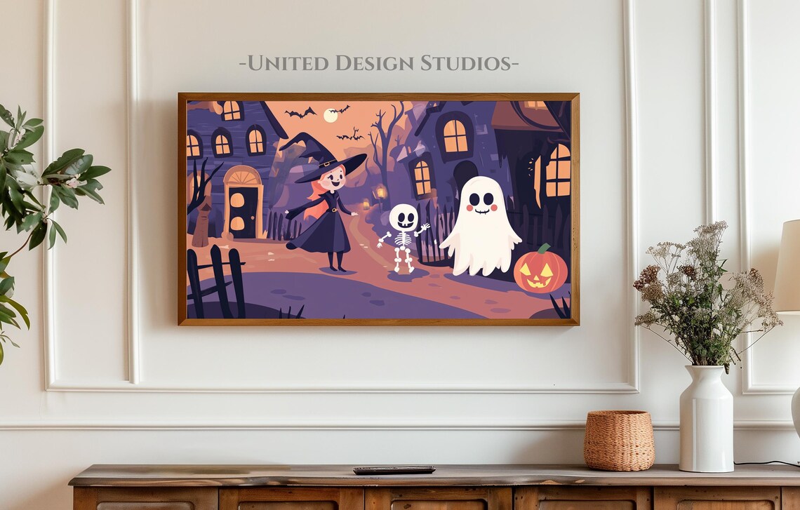 Cute Halloween Witch Ghost Skeleton Spooky Street Night Kids Art Poster - Image 3