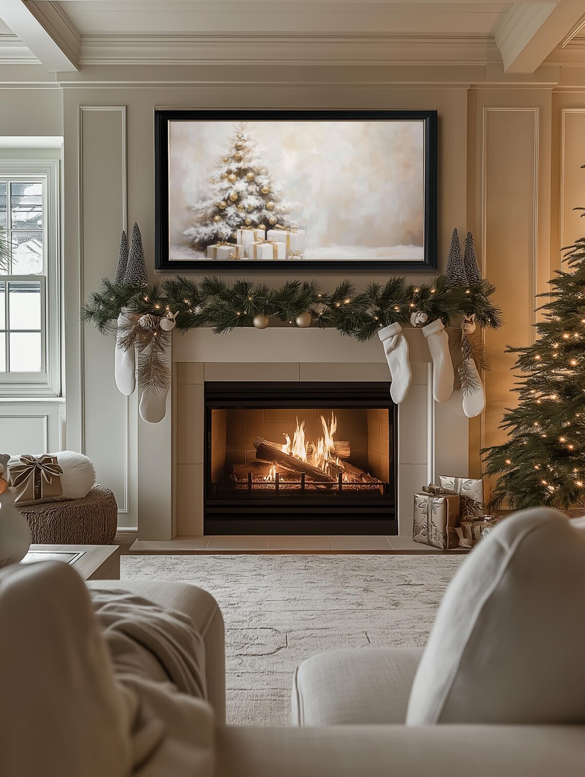 Neutral Christmas Tree and Presents Holiday Art Print - Image 2