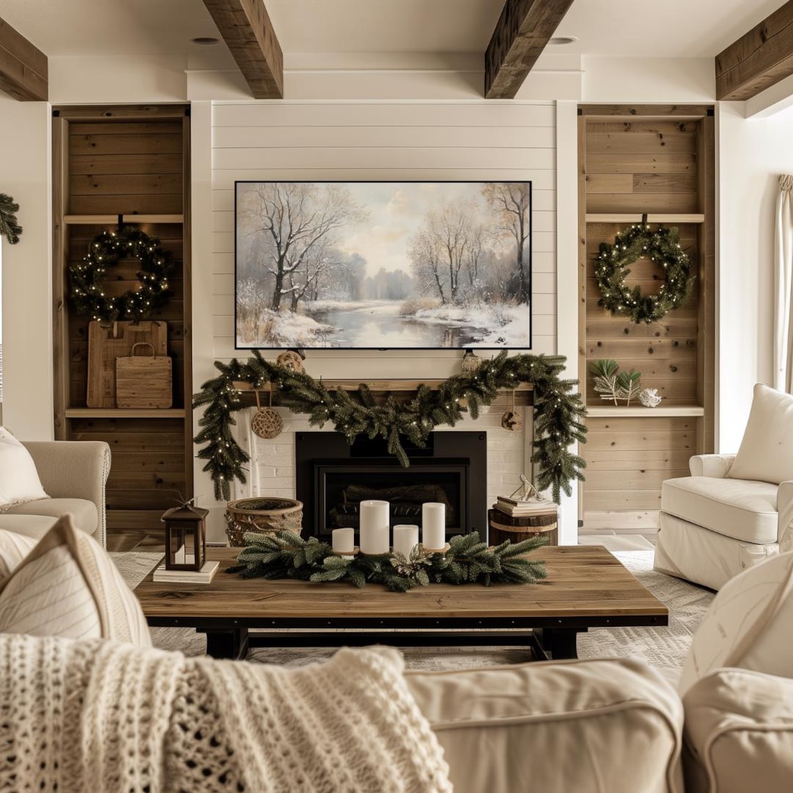 Winter Forest Stream Painting, Neutral Farmhouse Art Print - Image 4