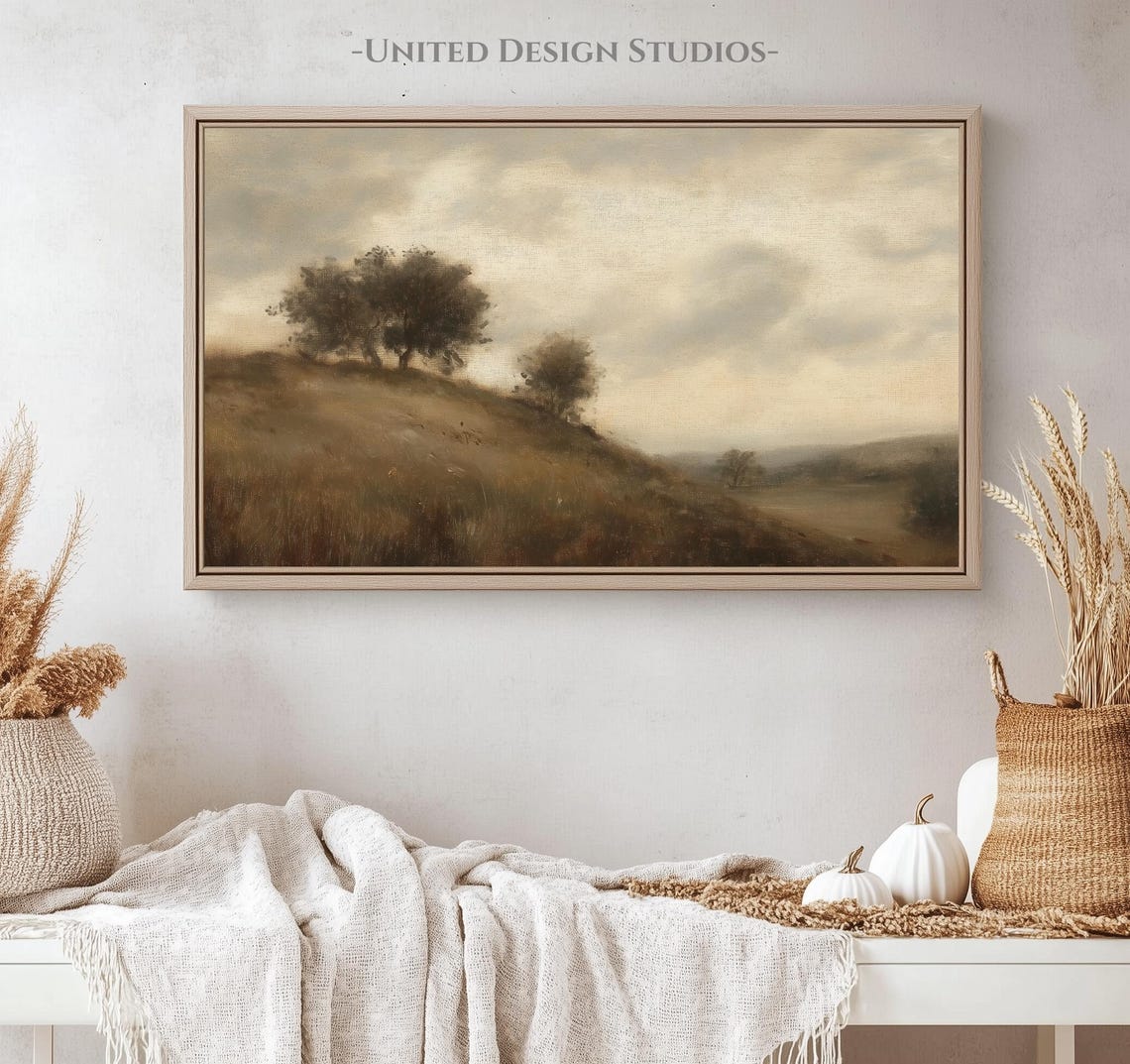 Moody Neutral Fall Hillside Trees Vintage Landscape Painting Print - Image 4