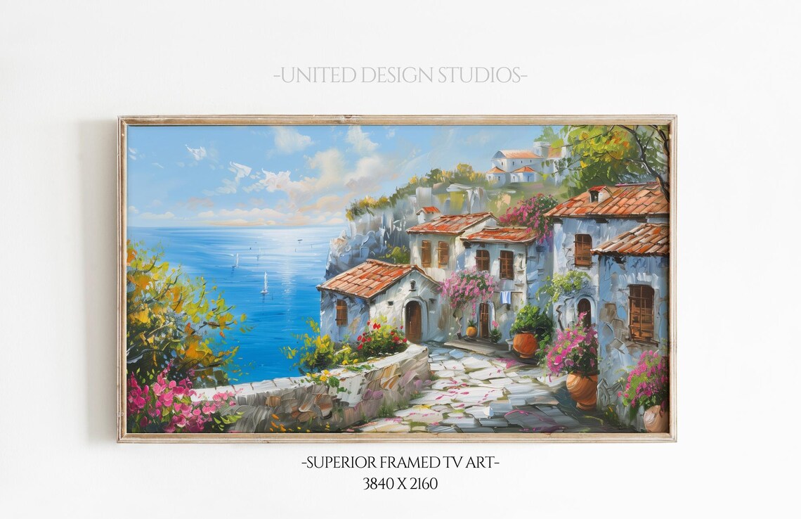 Mediterranean Coastal Village Painting Sea View Flowers Seaside Holiday Poster