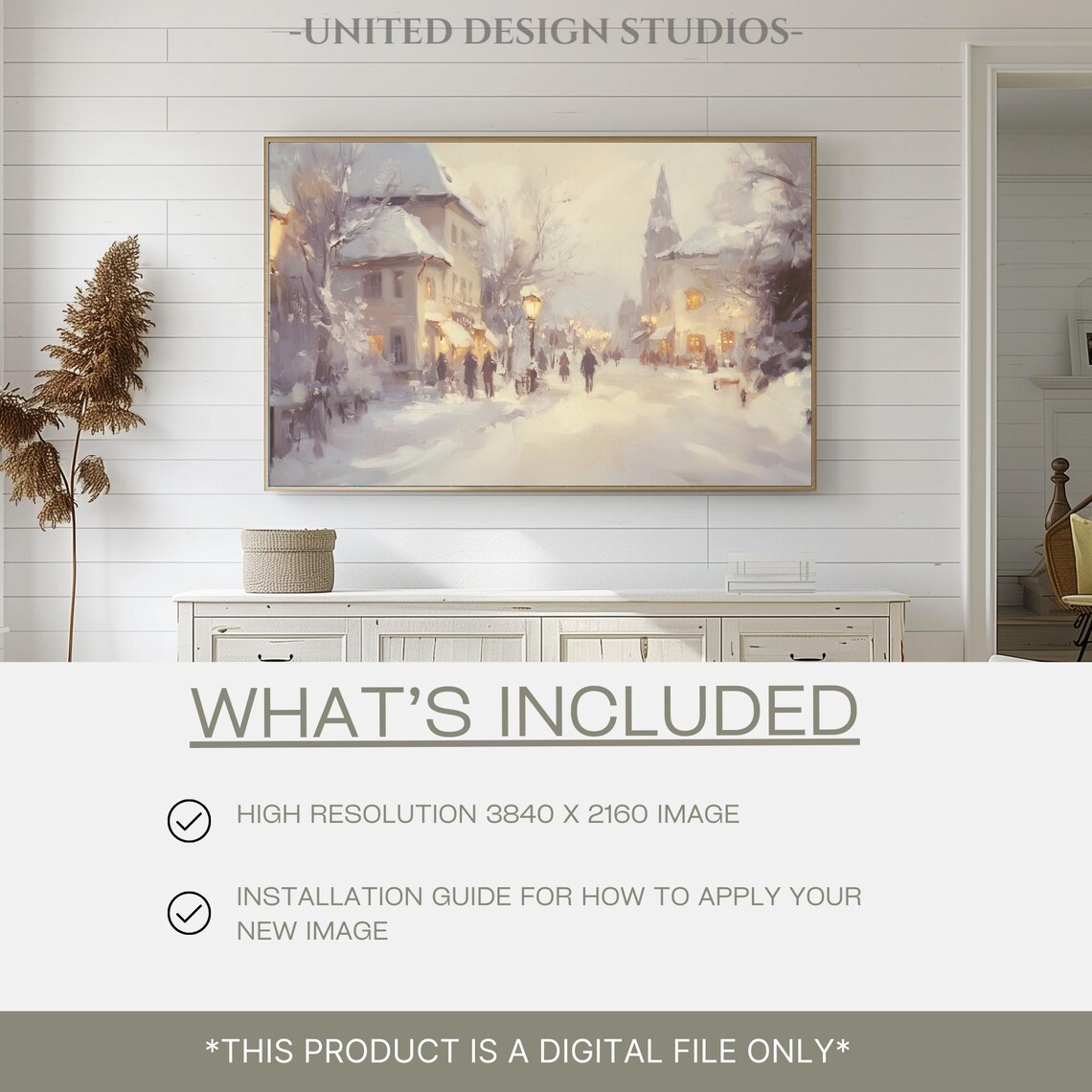 Snowy European Town Street Lamplight Winter Village Wall Art - Image 2