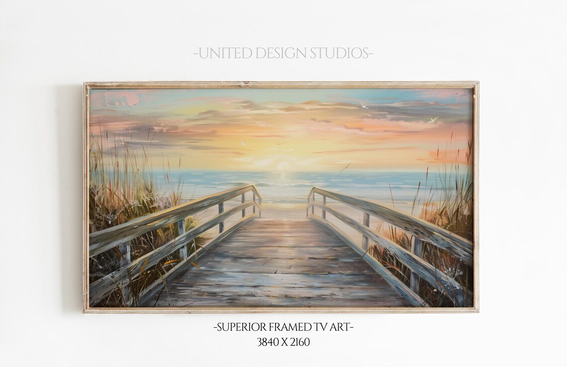 Wooden Boardwalk To Ocean Golden Sunset Beach Dunes Seagulls Painting Poster