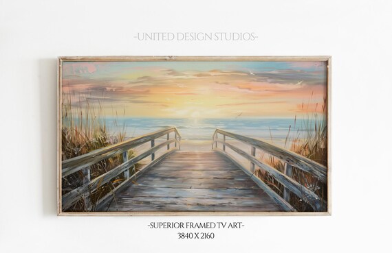 Wooden Boardwalk To Ocean Golden Sunset Beach Dunes Seagulls Painting Poster