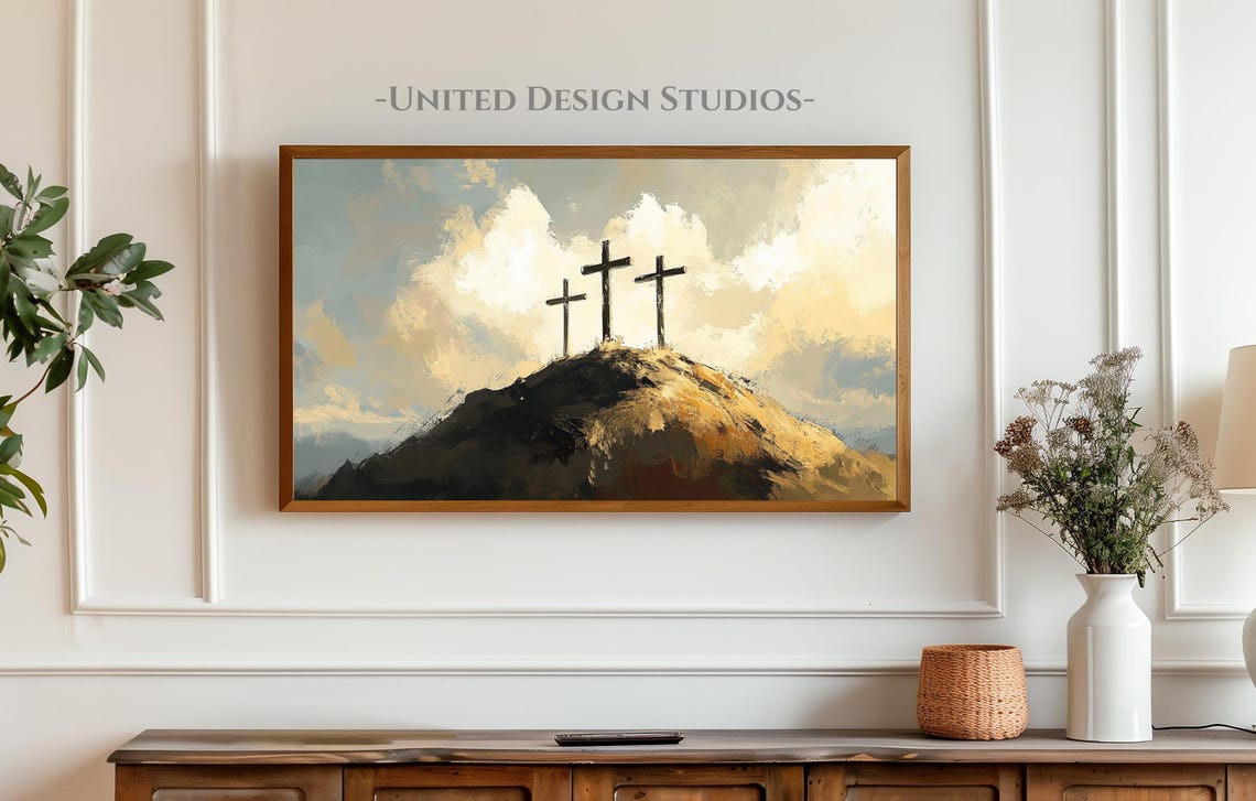 Three Crosses On Calvary Hill Golden Clouds Easter Christian Poster - Image 3
