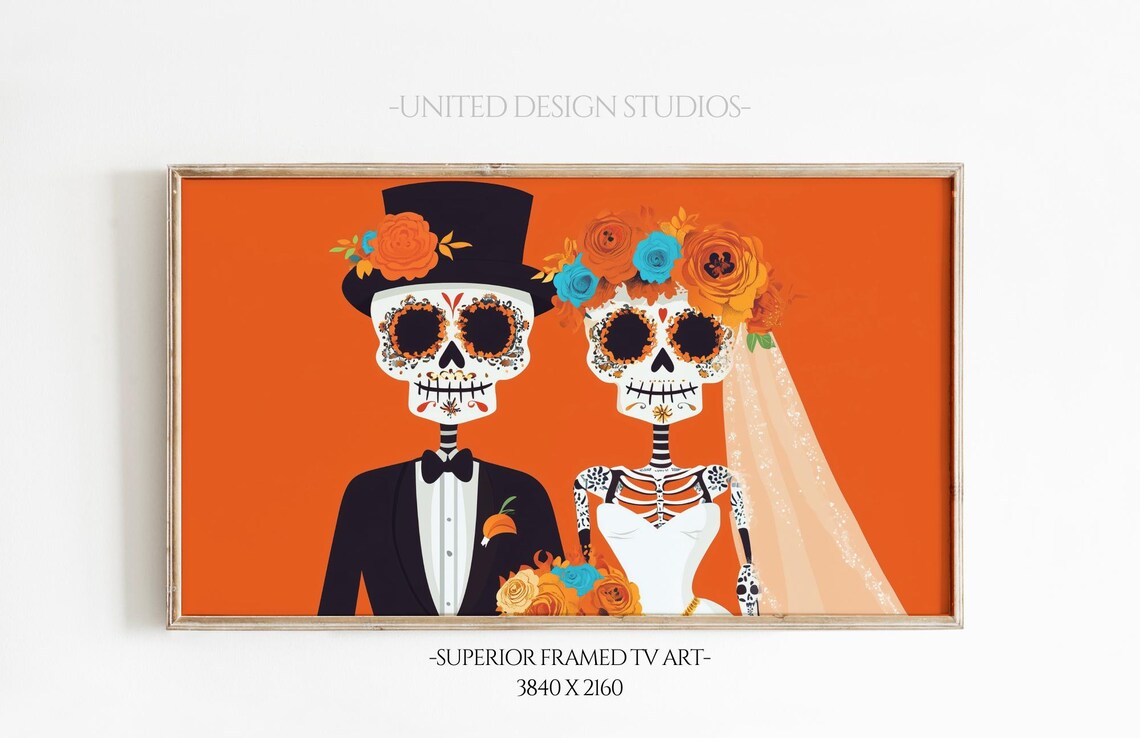 Day of the Dead Sugar Skull Bride Groom Couple Orange Folk Art Poster