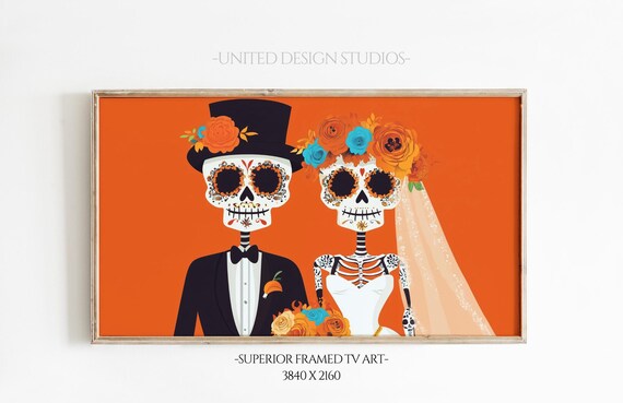 Day of the Dead Sugar Skull Bride Groom Couple Orange Folk Art Poster