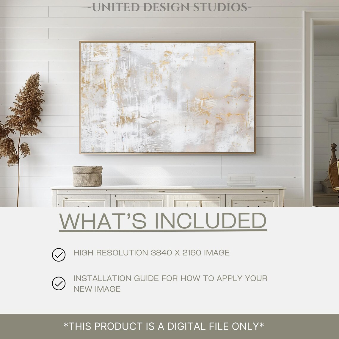Rustic Gold and White Textured Abstract Painting Frame TV Art Poster - Image 2