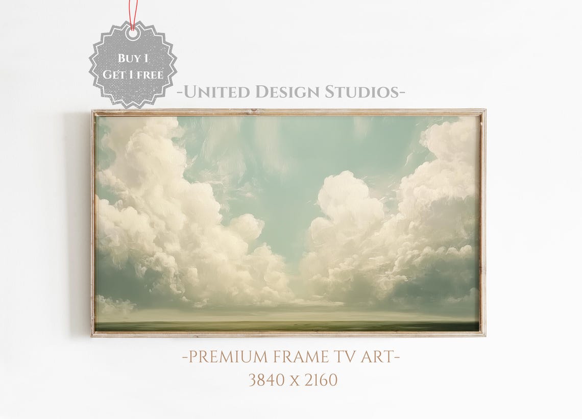 White Clouds Blue Sky Abstract Spring Landscape Painting Wall Art