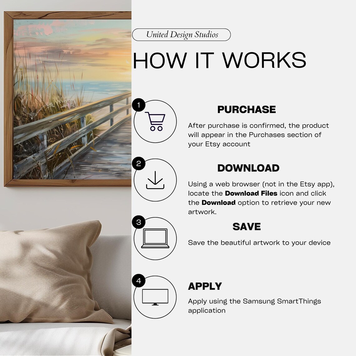 Wooden Boardwalk To Ocean Golden Sunset Beach Dunes Seagulls Painting Poster - Image 3