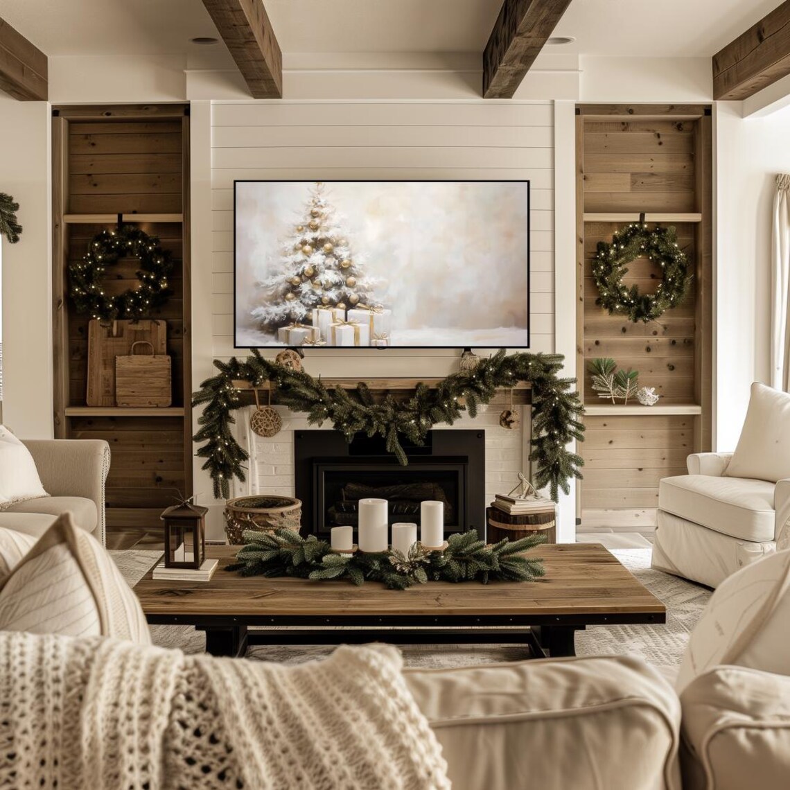 Neutral Christmas Tree and Presents Holiday Art Print - Image 4