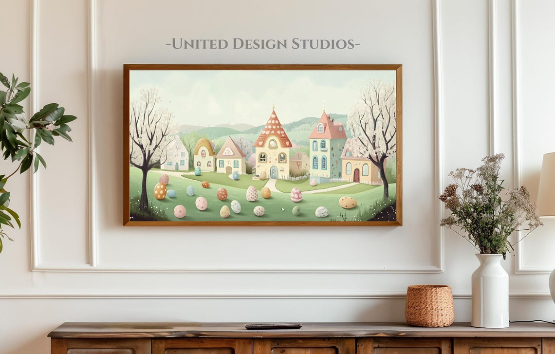 Easter Village With Painted Eggs Pastel Spring Town Wall Art - Image 5
