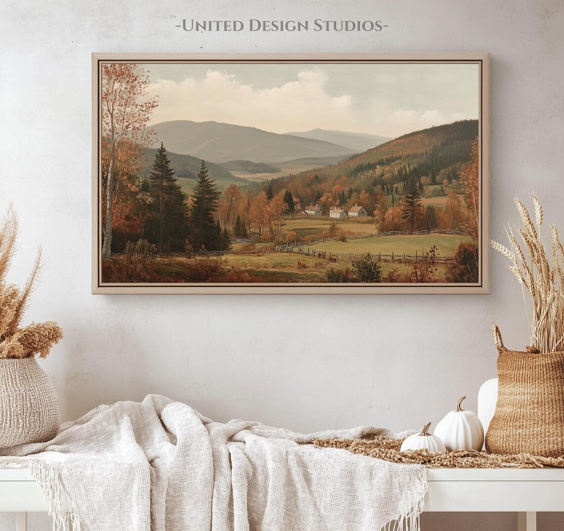 Autumn Valley Mountains Farmhouses Fall Foliage Vintage Art Print - Image 4