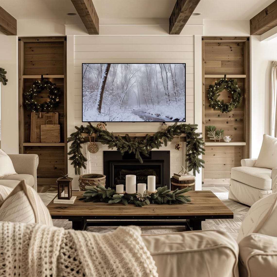 Snowy Winter Forest Stream Misty Monochrome Photography Poster - Image 4