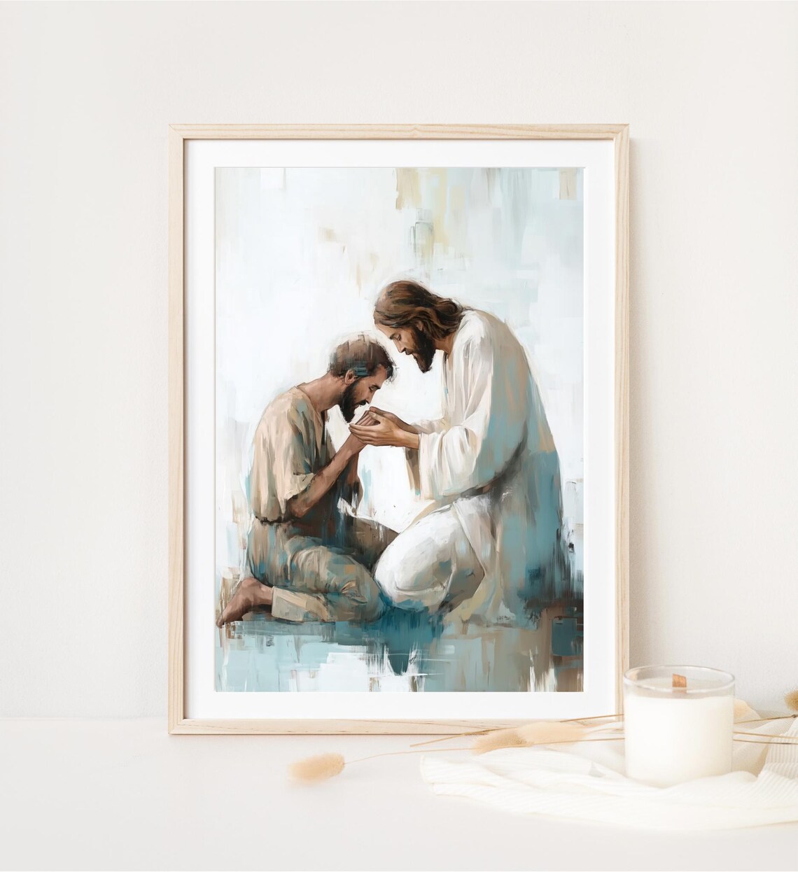 Jesus Praying With Man Foreheads Touching Tender Comfort Blue Watercolor Poster - Image 4