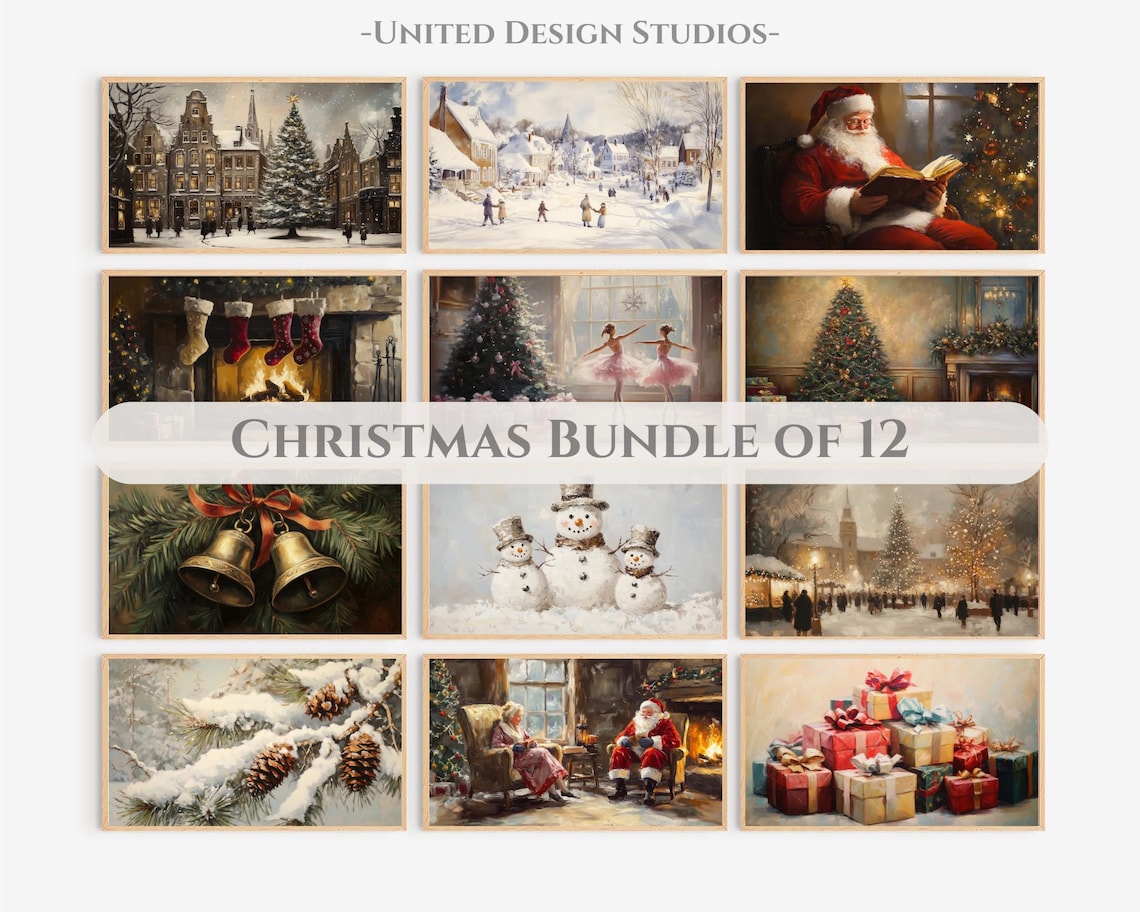 Christmas Art Print Bundle Set of 12 Holiday Paintings Decor Poster