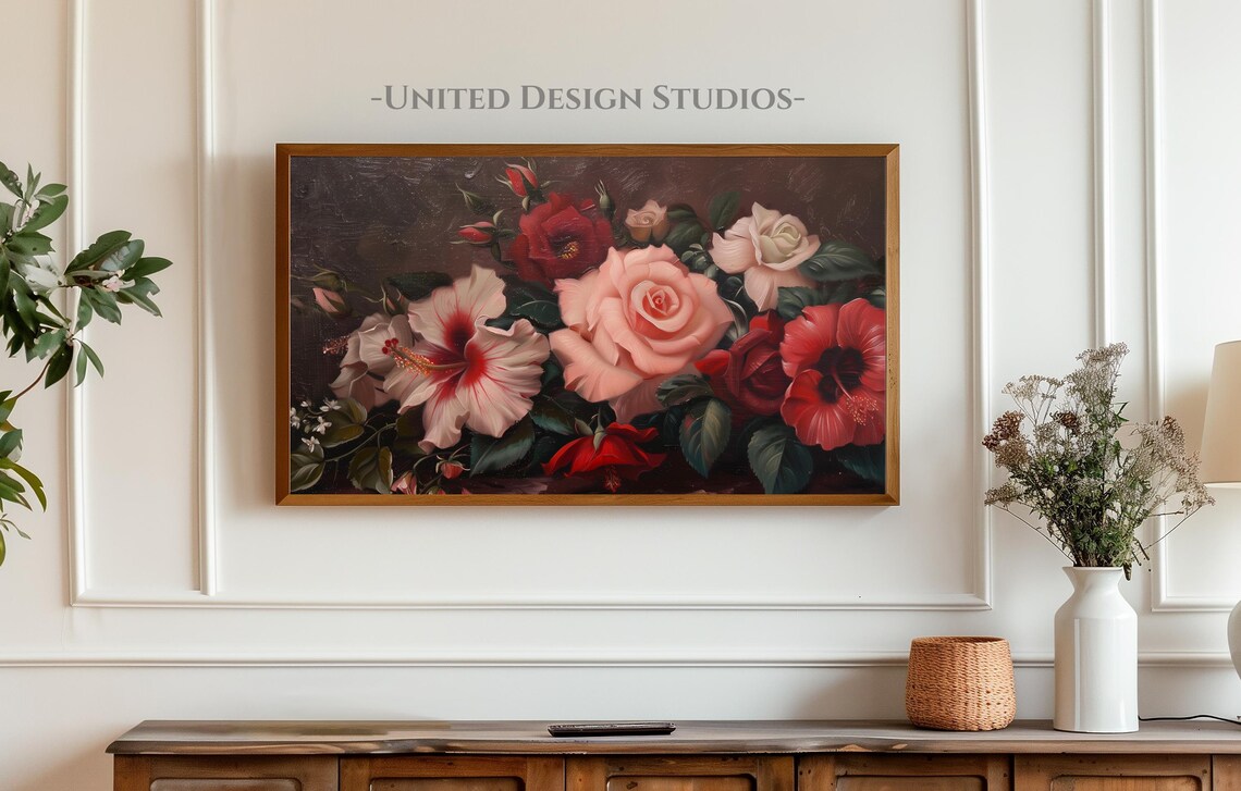 Red White Roses Baroque Oil Painting Dark Moody Floral Poster - Image 4