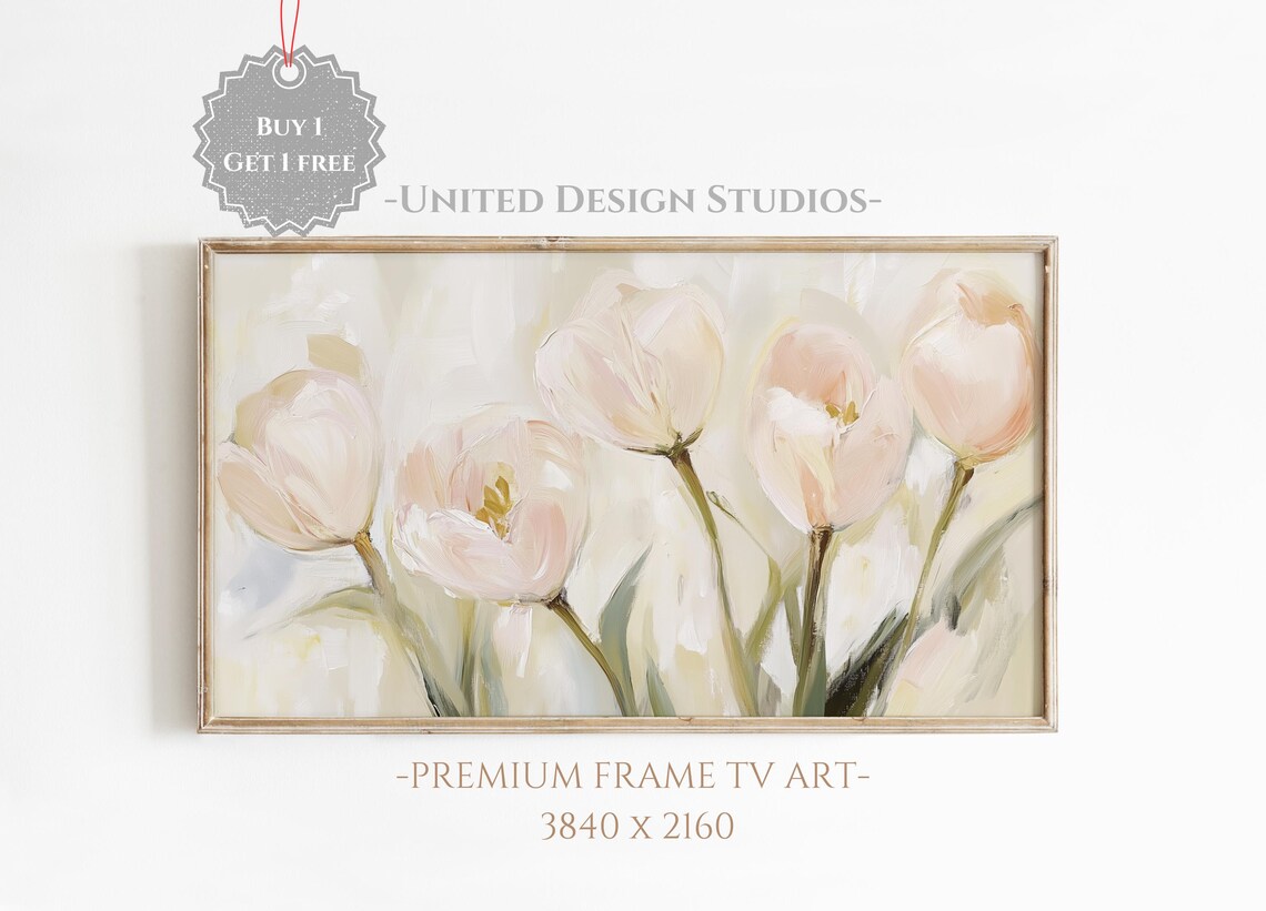 Blush White Tulips Delicate Spring Flower Painting Frame TV Art Poster