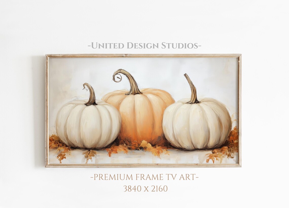 Autumn Pumpkin Trio Orange and White Farmhouse Fall Frame TV Art Poster