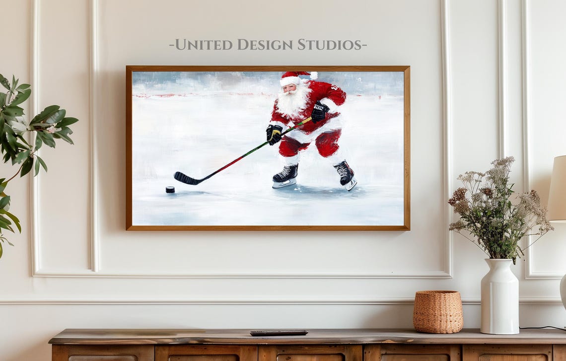 Christmas Frame Tv Art Oil Painting Of Santa Playing Hockey Frame Tv Christmas Art Holidays Frame Tv Art Classic Santa Art - Image 3