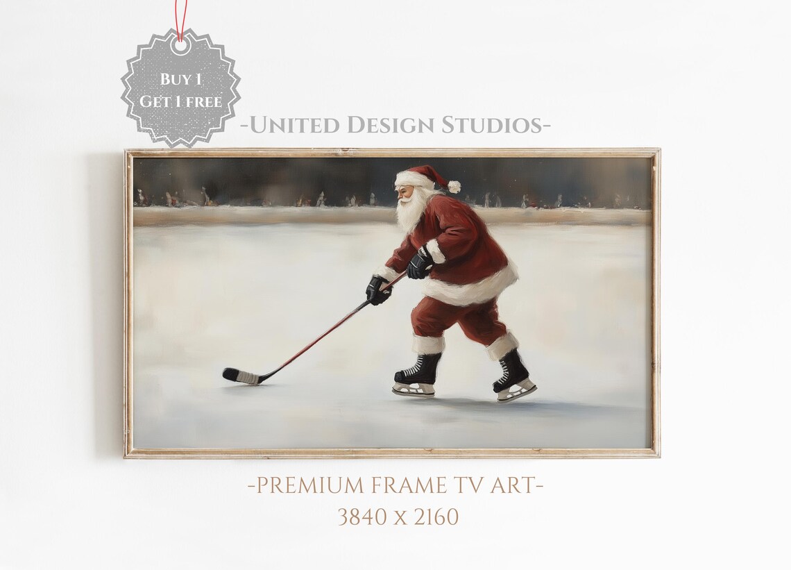 Santa Playing Hockey Christmas Art Print, Classic Santa