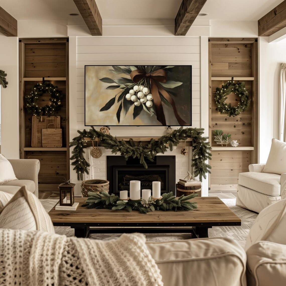 Mistletoe White Berries Brown Ribbon Moody Christmas Botanical Poster - Image 4