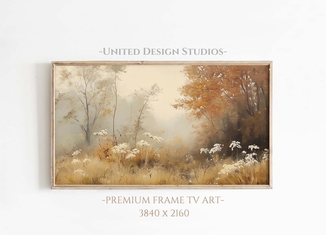 Misty Autumn Forest White Wildflowers Warm Amber Painting Poster