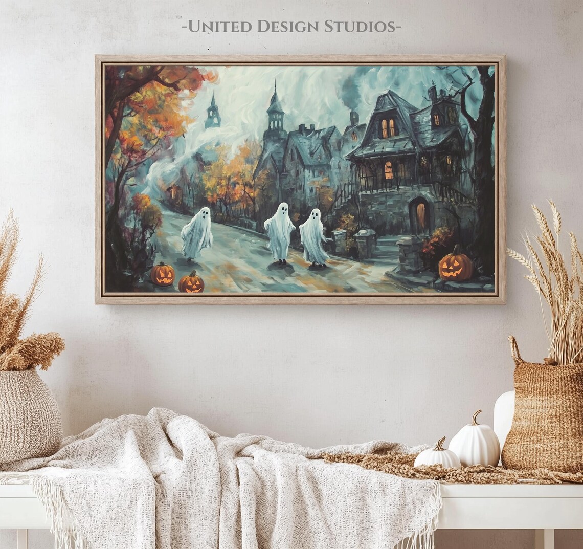 Spooky Halloween Town Ghosts Haunted Houses Vintage Art Print - Image 4