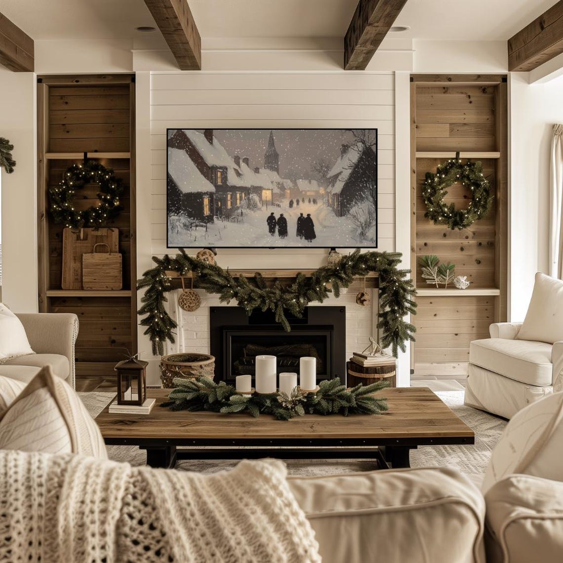 Frame Tv Winter Art Painting Of Classic Moody Winter Town Frame Tv Art Holiday Frame Tv Art Farmhouse Winter Village Frame Tv Art - Image 4